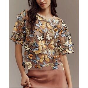 Anthropologie Butterfly Embroidered Blouse - Multicolor